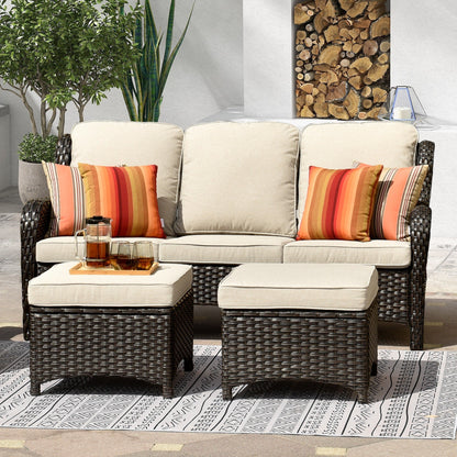 OVIOS 3-piece Patio Wicker Sofa with Ottomans