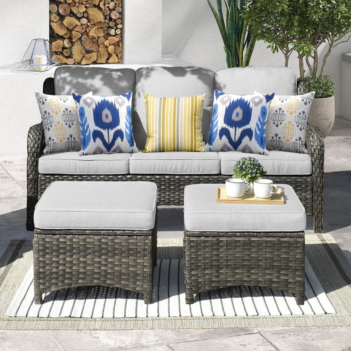 OVIOS 3-piece Patio Wicker Sofa with Ottomans