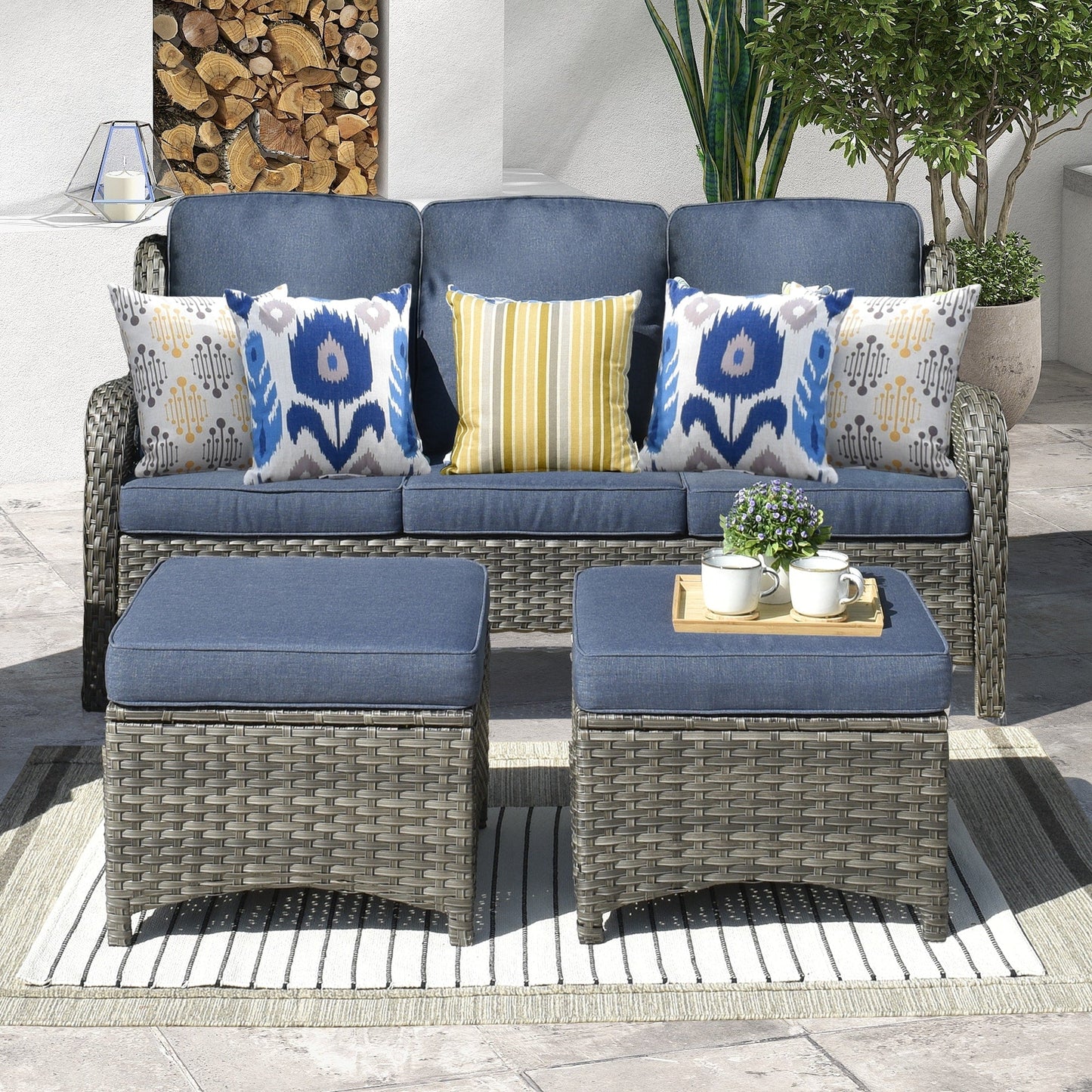 OVIOS 3-piece Patio Wicker Sofa with Ottomans