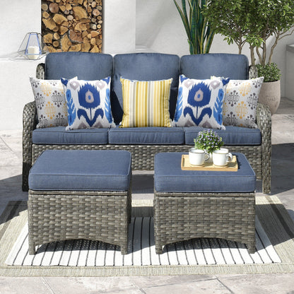 OVIOS 3-piece Patio Wicker Sofa with Ottomans