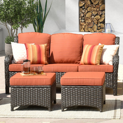 OVIOS 3-piece Patio Wicker Sofa with Ottomans