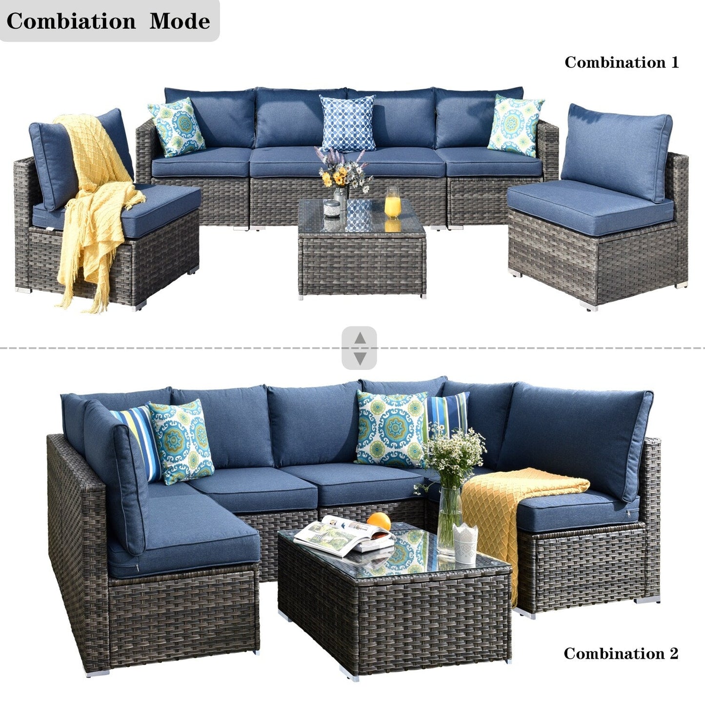 OVIOS Deep Seat Wicker 7-piece Sectional Set