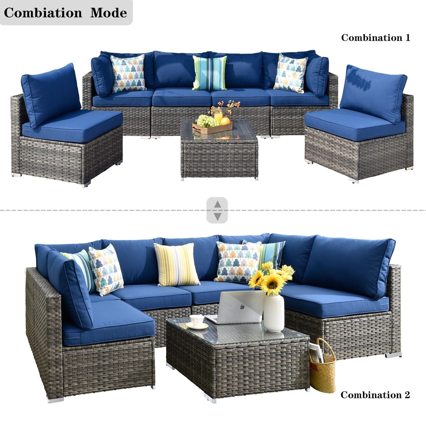 OVIOS Deep Seat Wicker 7-piece Sectional Set