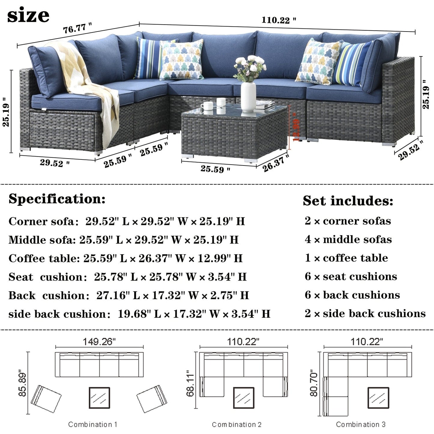 OVIOS Deep Seat Wicker 7-piece Sectional Set