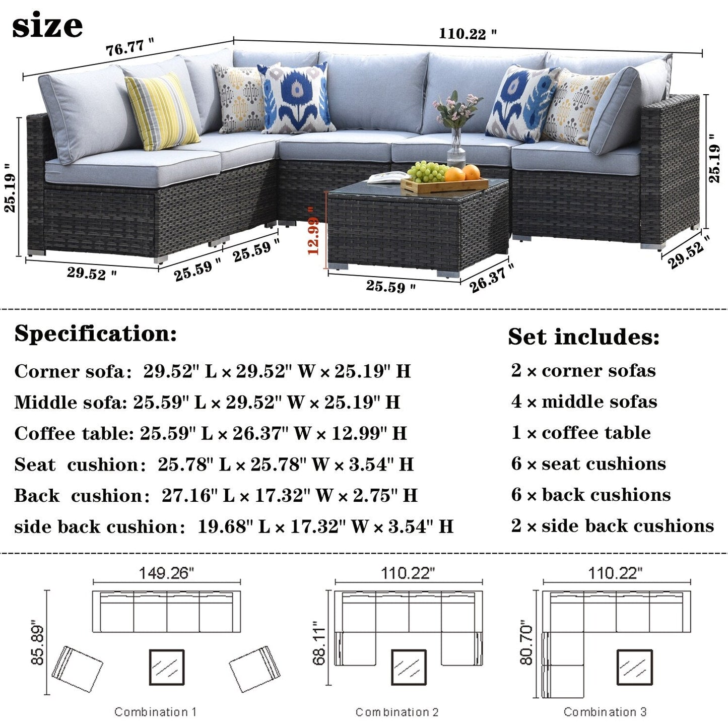 OVIOS Deep Seat Wicker 7-piece Sectional Set