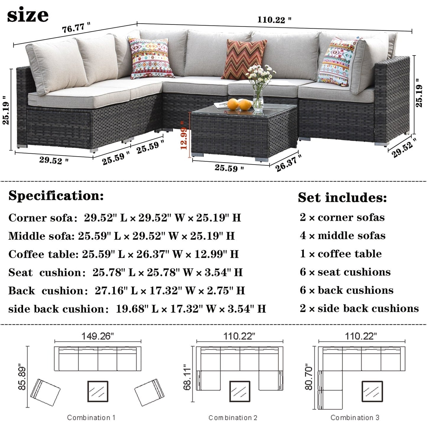 OVIOS Deep Seat Wicker 7-piece Sectional Set