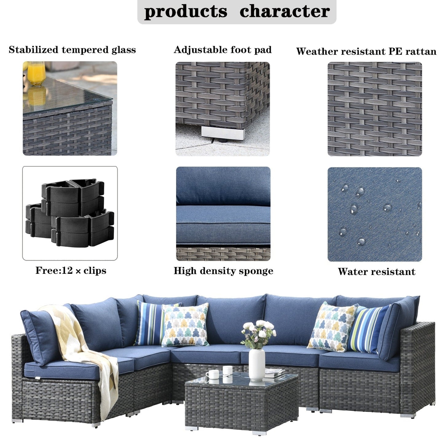 OVIOS Deep Seat Wicker 7-piece Sectional Set