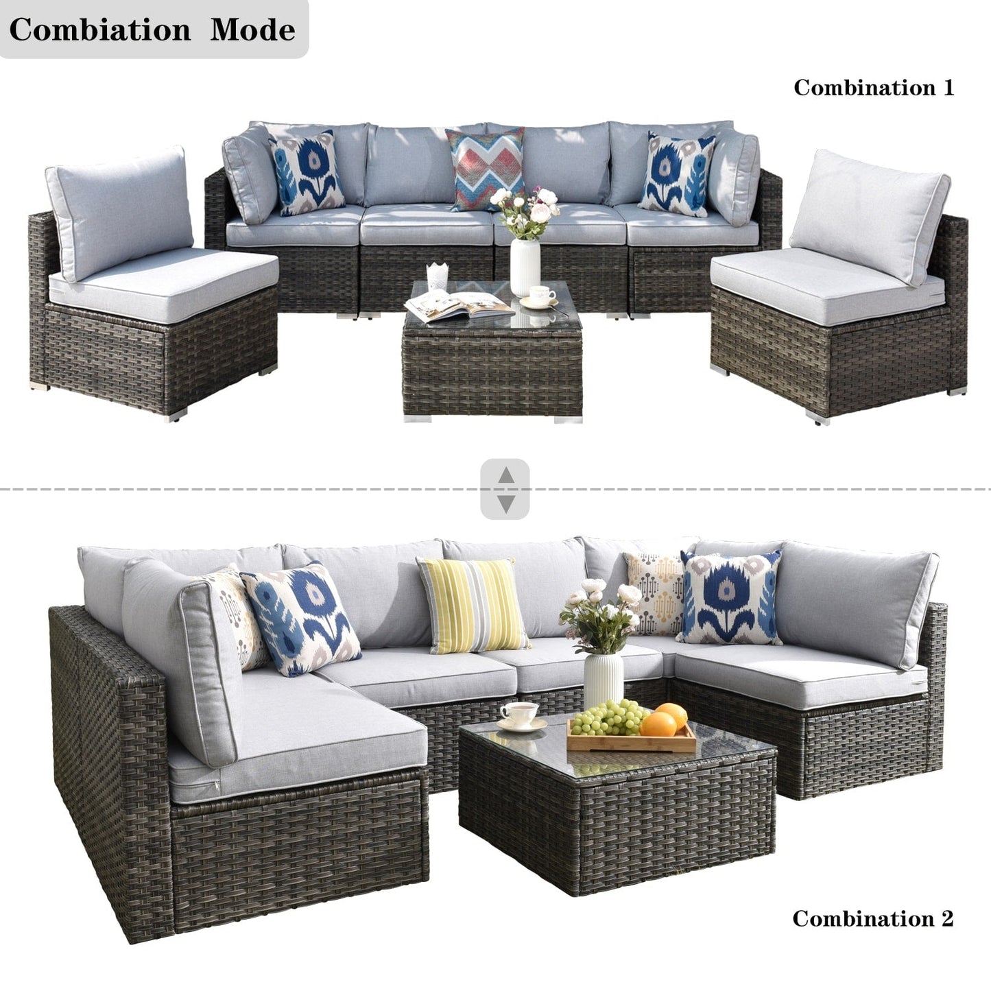 OVIOS Deep Seat Wicker 7-piece Sectional Set