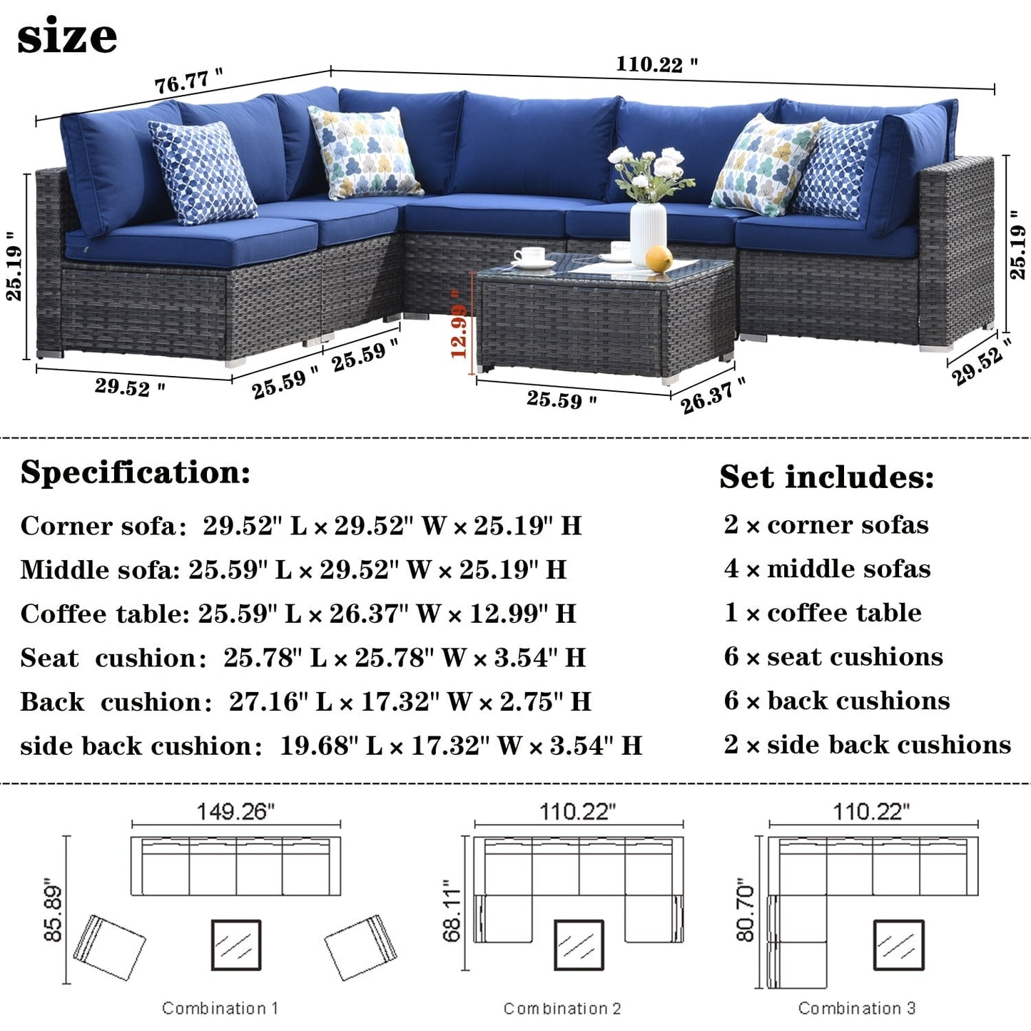 OVIOS Deep Seat Wicker 7-piece Sectional Set