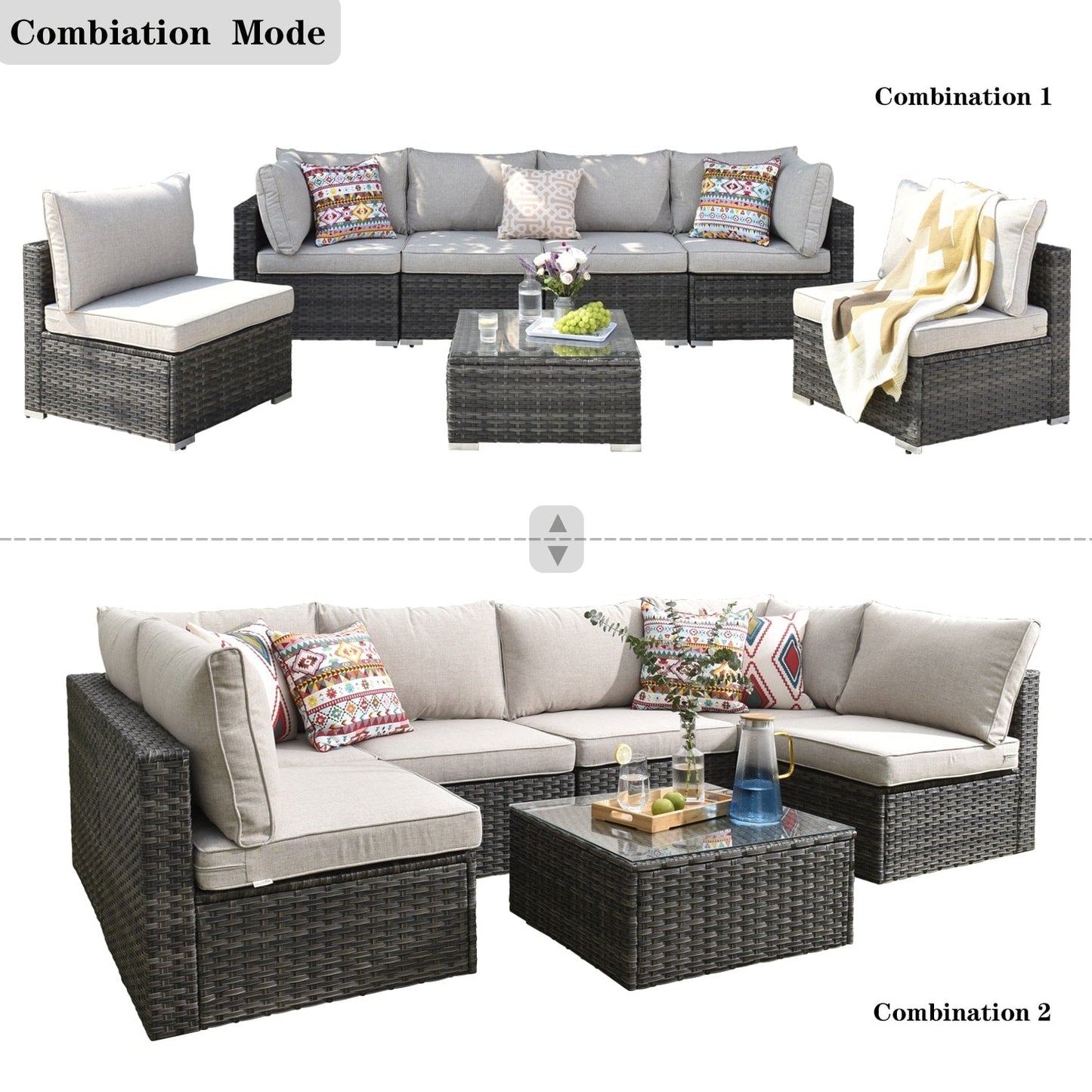 OVIOS Deep Seat Wicker 7-piece Sectional Set