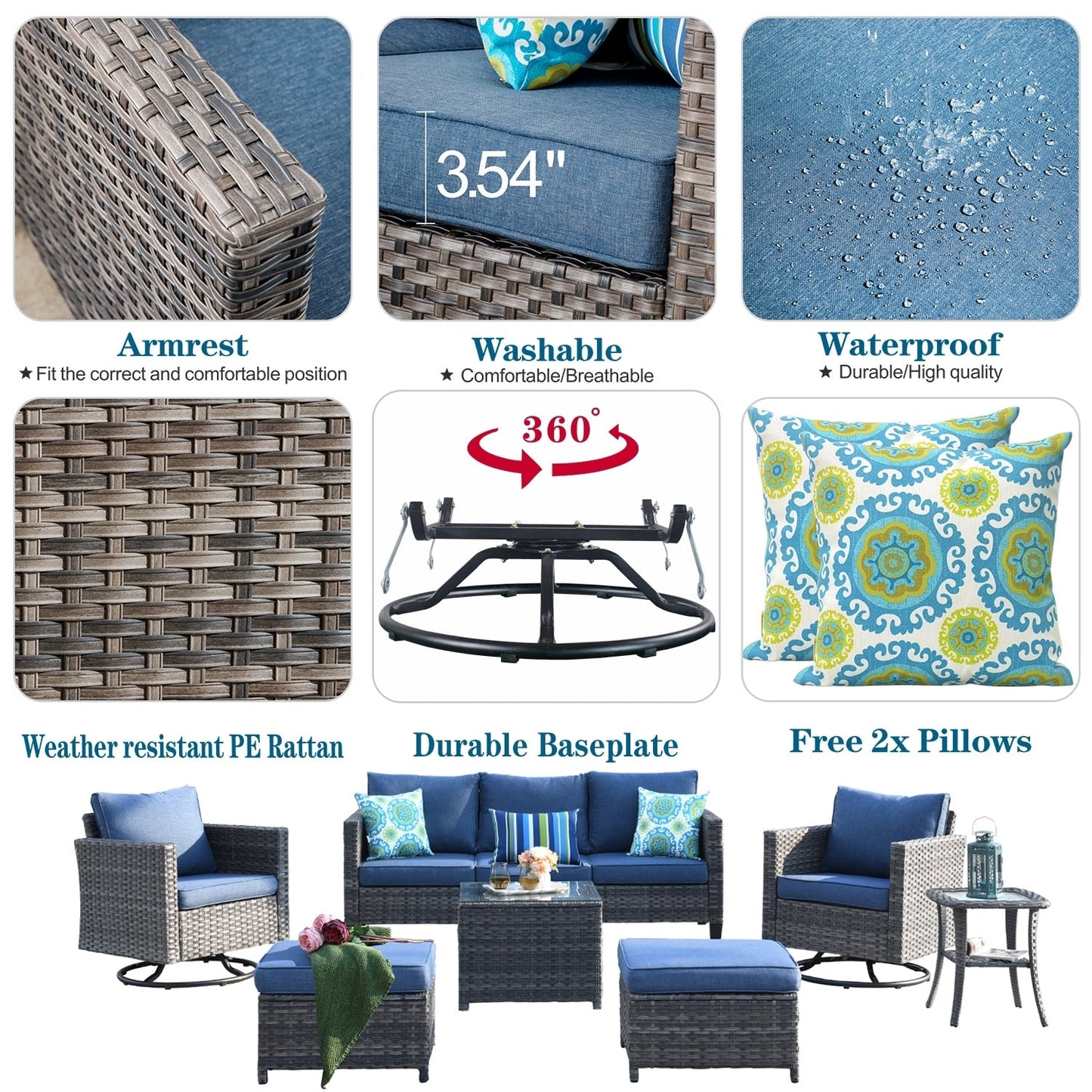 OVIOS 7-piece Patio Furniture Wicker Set with Swivel Rocking Chairs