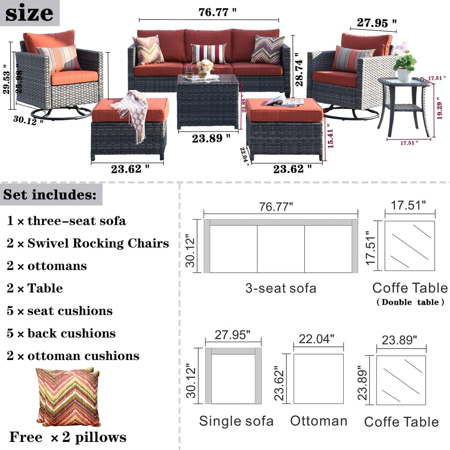 OVIOS 7-piece Patio Furniture Wicker Set with Swivel Rocking Chairs