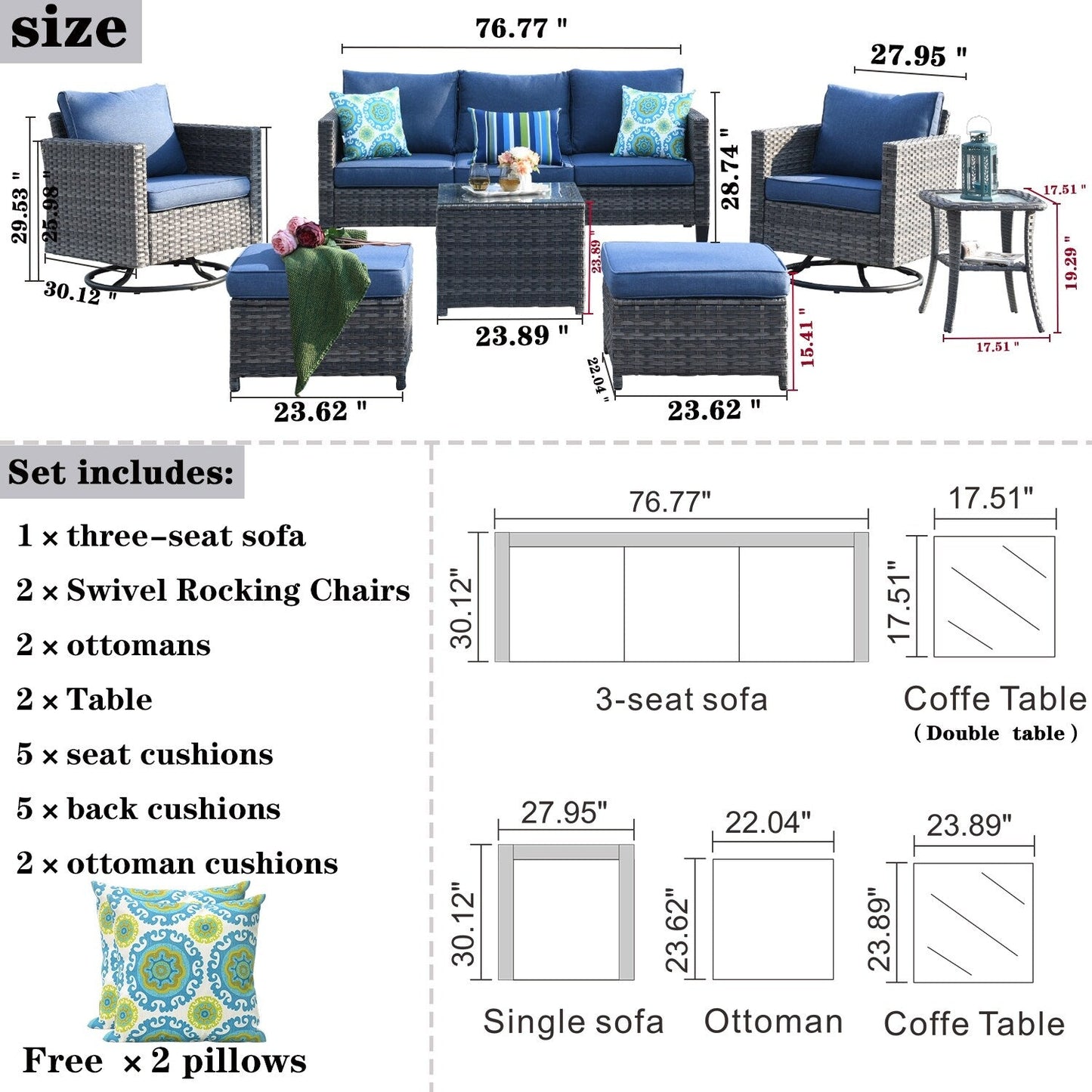 OVIOS 7-piece Patio Furniture Wicker Set with Swivel Rocking Chairs