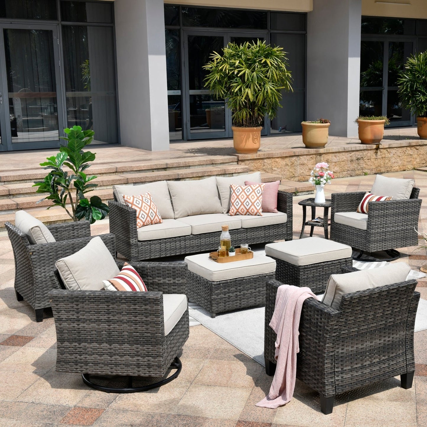 OVIOS 8-piece Patio Wicker Conversation Furniture Set with Swivel Chairs
