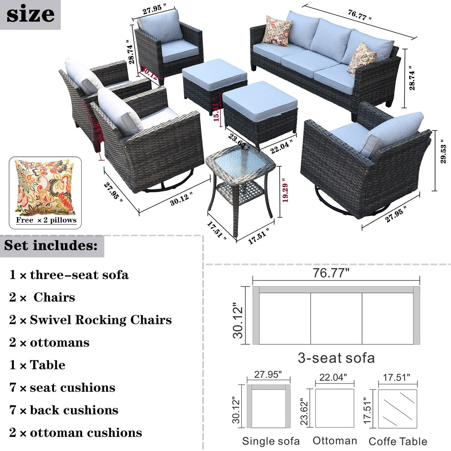 OVIOS 8-piece Patio Wicker Conversation Furniture Set with Swivel Chairs