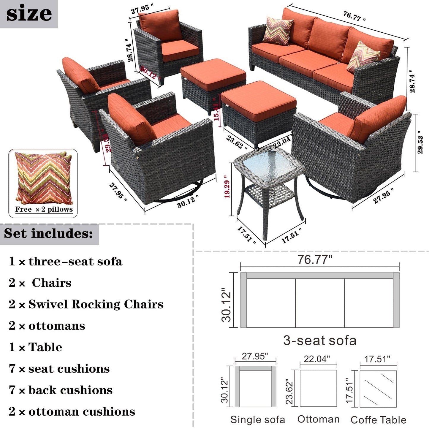 OVIOS 8-piece Patio Wicker Conversation Furniture Set with Swivel Chairs