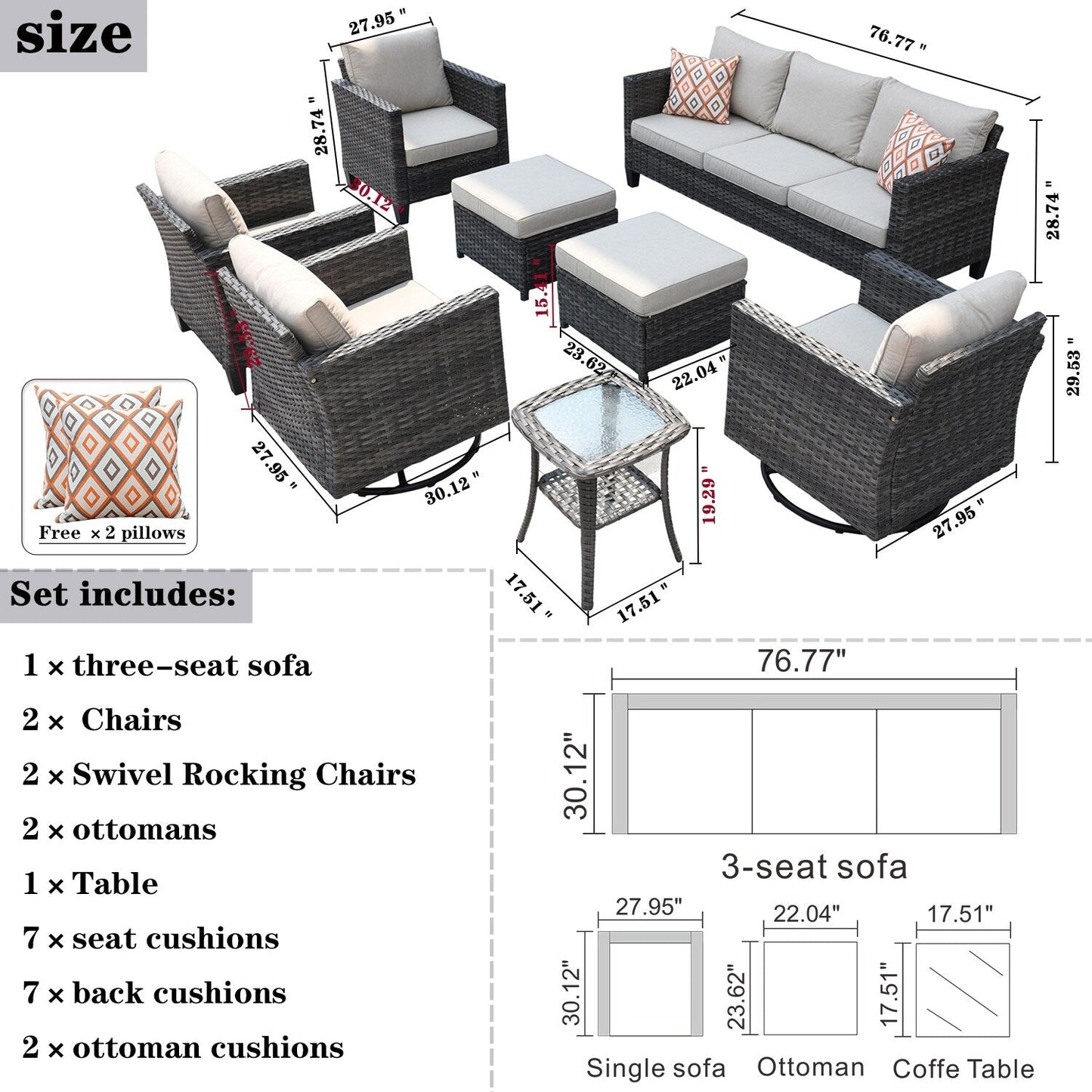 OVIOS 8-piece Patio Wicker Conversation Furniture Set with Swivel Chairs
