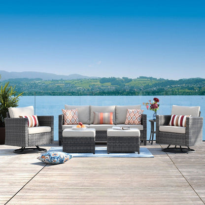 OVIOS 6-piece Patio Wicker Conversation Sofa Set with Swivel Rocking Chairs