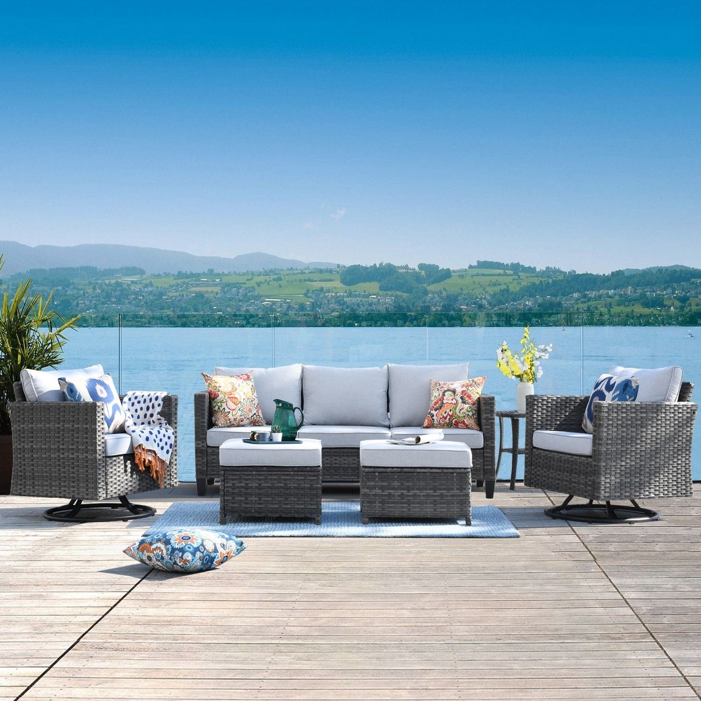 OVIOS 6-piece Patio Wicker Conversation Sofa Set with Swivel Rocking Chairs