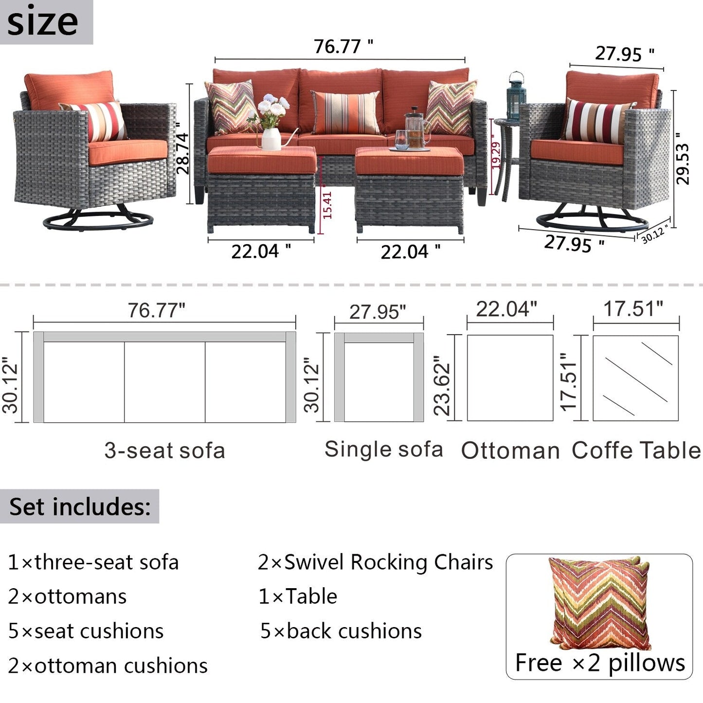 OVIOS 6-piece Patio Wicker Conversation Sofa Set with Swivel Rocking Chairs