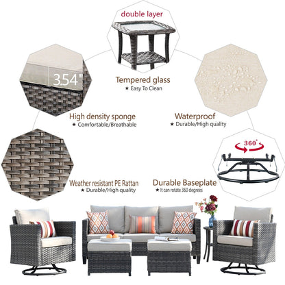 OVIOS 6-piece Patio Wicker Conversation Sofa Set with Swivel Rocking Chairs