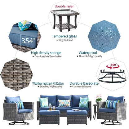OVIOS 6-piece Patio Wicker Conversation Sofa Set with Swivel Rocking Chairs