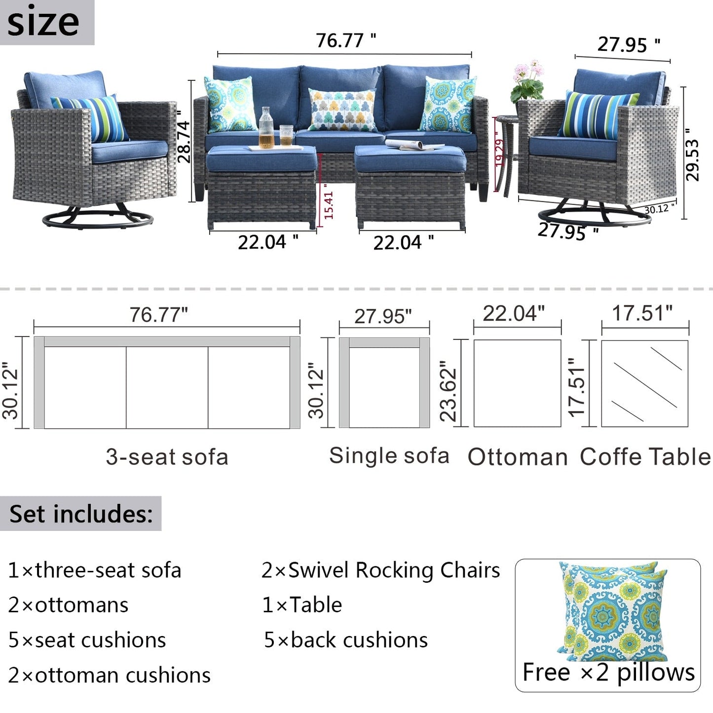OVIOS 6-piece Patio Wicker Conversation Sofa Set with Swivel Rocking Chairs