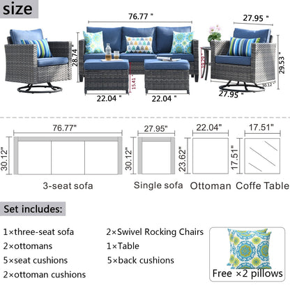 OVIOS 6-piece Patio Wicker Conversation Sofa Set with Swivel Rocking Chairs
