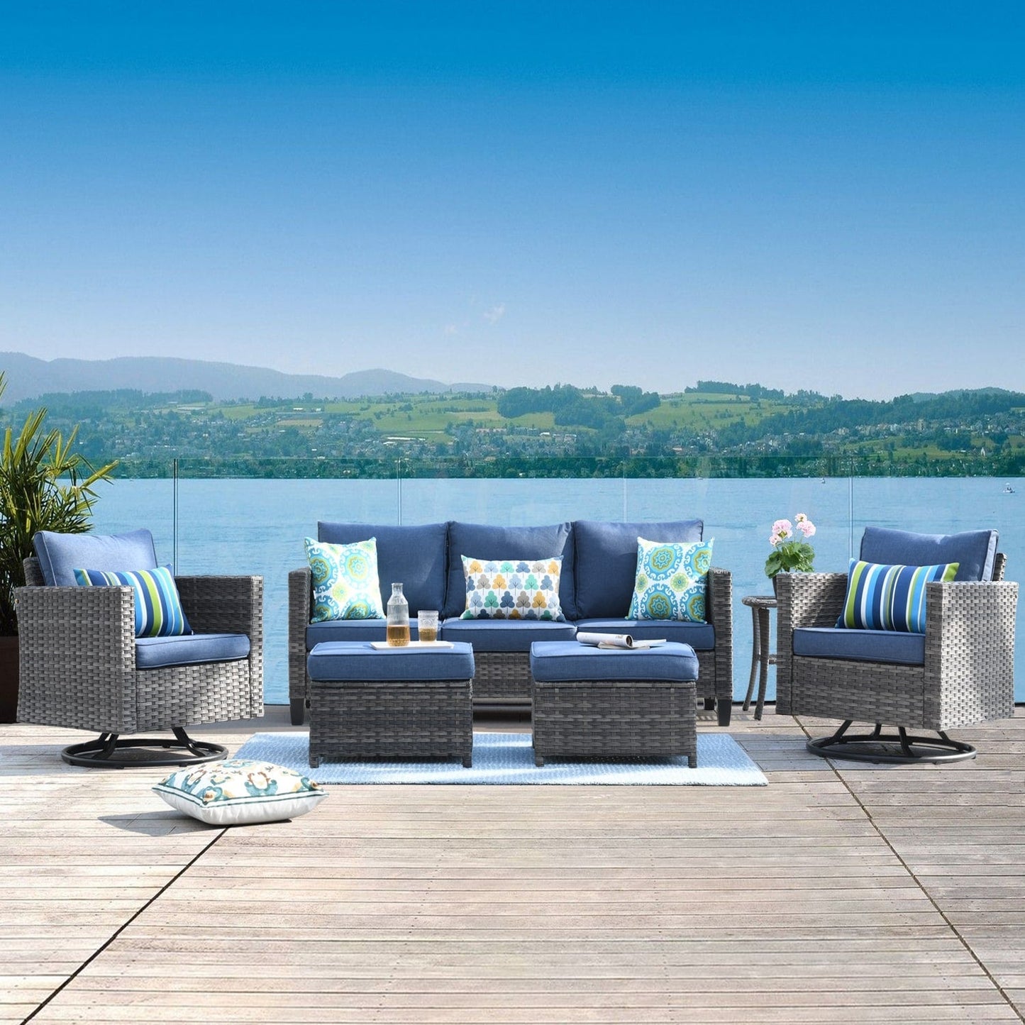 OVIOS 6-piece Patio Wicker Conversation Sofa Set with Swivel Rocking Chairs