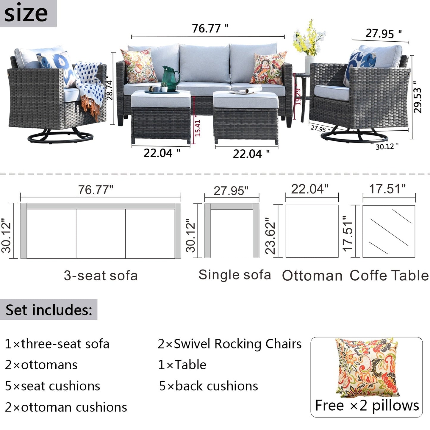 OVIOS 6-piece Patio Wicker Conversation Sofa Set with Swivel Rocking Chairs
