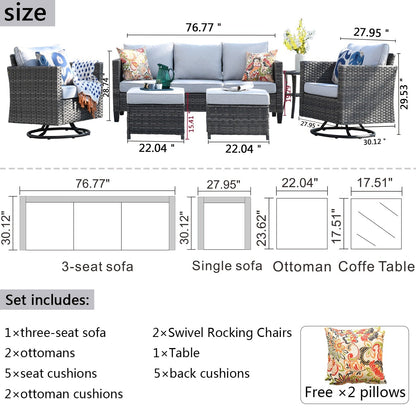 OVIOS 6-piece Patio Wicker Conversation Sofa Set with Swivel Rocking Chairs