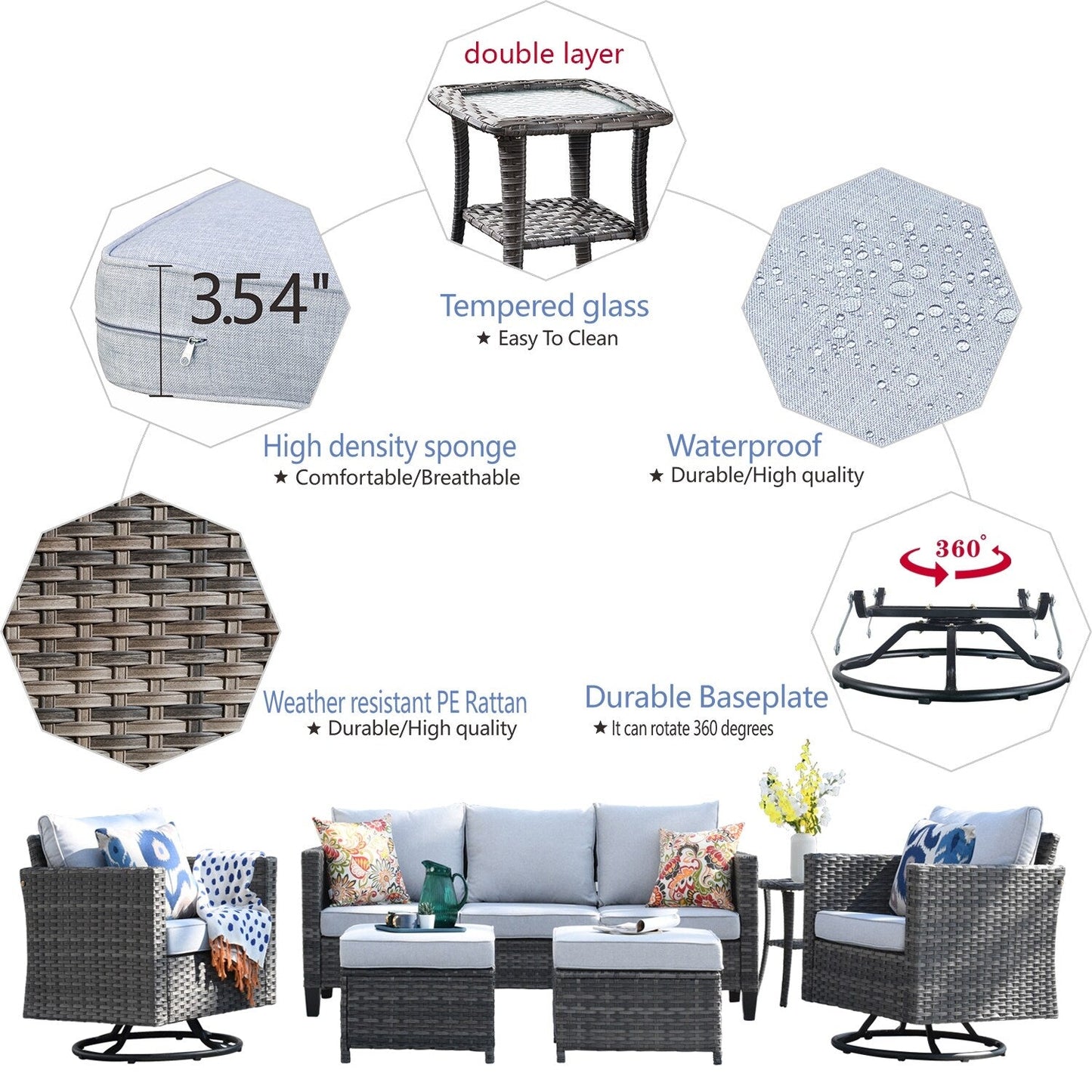 OVIOS 6-piece Patio Wicker Conversation Sofa Set with Swivel Rocking Chairs