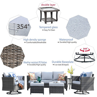 OVIOS 6-piece Patio Wicker Conversation Sofa Set with Swivel Rocking Chairs