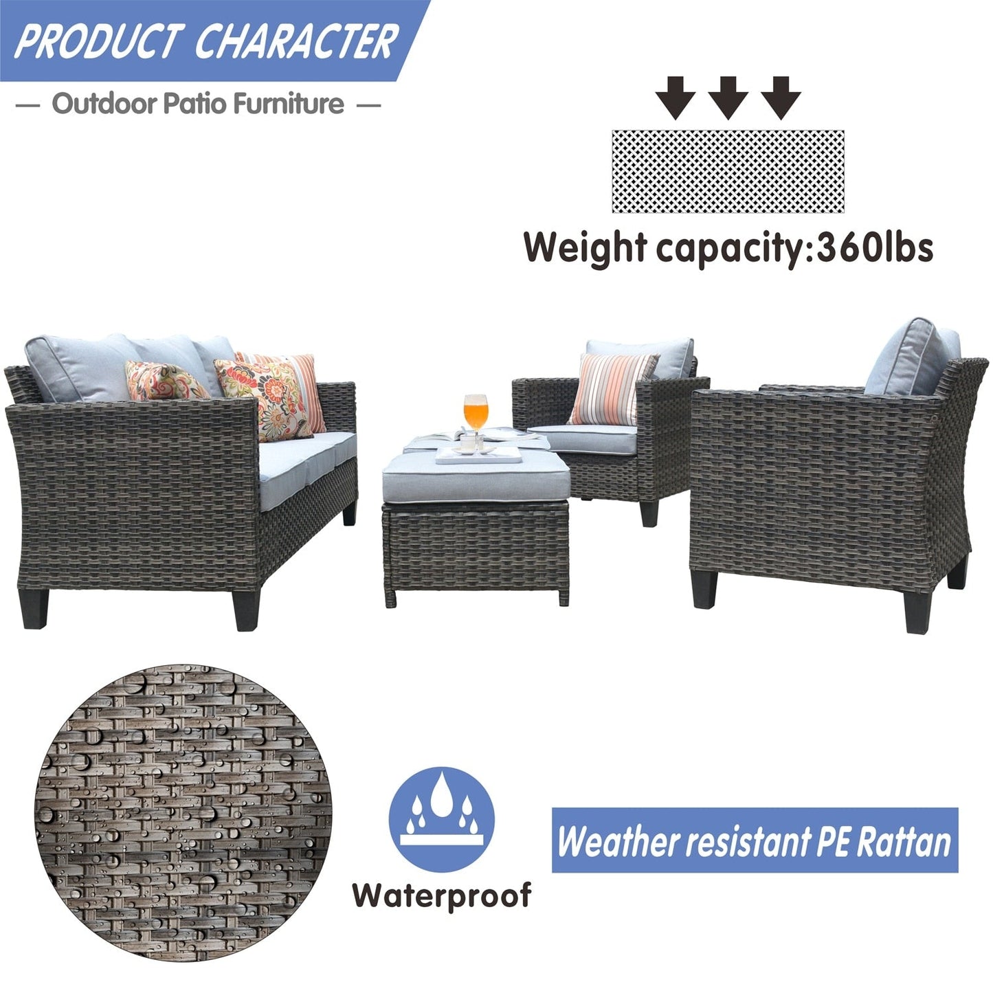 OVIOS 5-piece Patio Furniture Wicker Outdoor High-back Seating Set