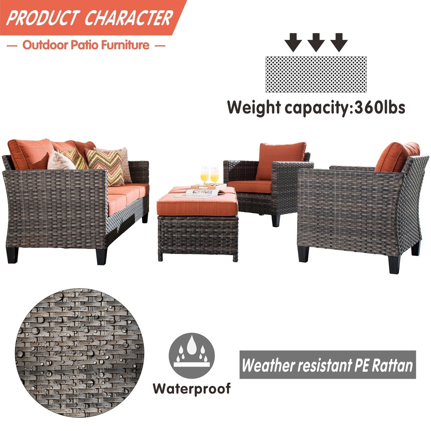 OVIOS 5-piece Patio Furniture Wicker Outdoor High-back Seating Set