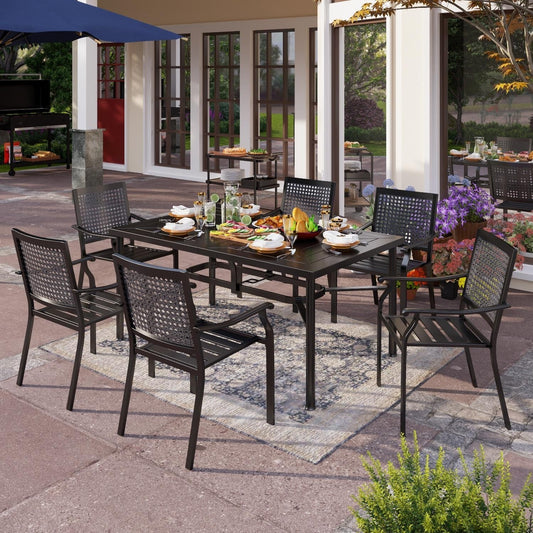 7-Piece Patio Dining Set Metal E-coating of 6 Upgraded Back Pattern Chairs & 1 Umbrella Hole Metal Table