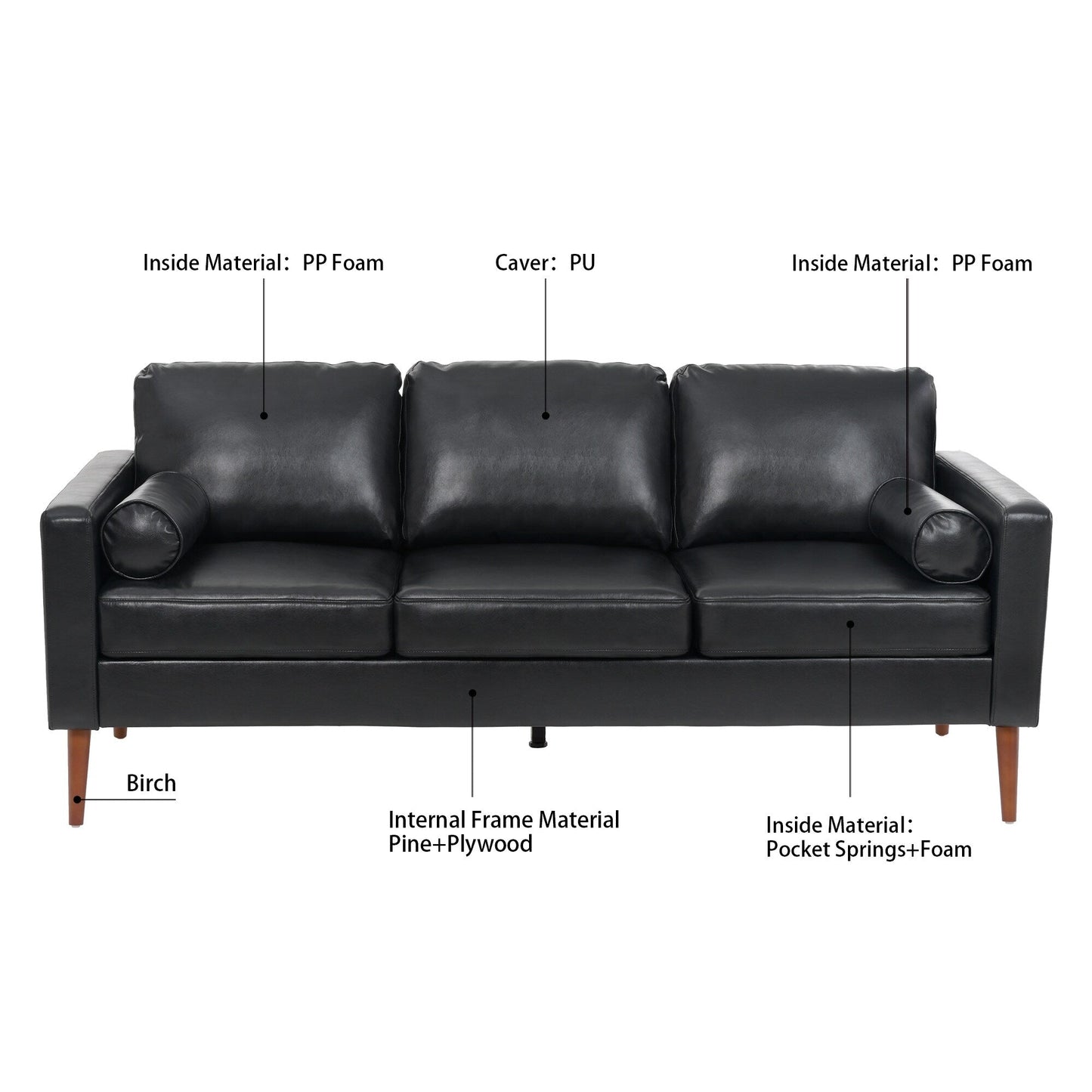 PU 3-seater Sofa with Iron Wood Structure