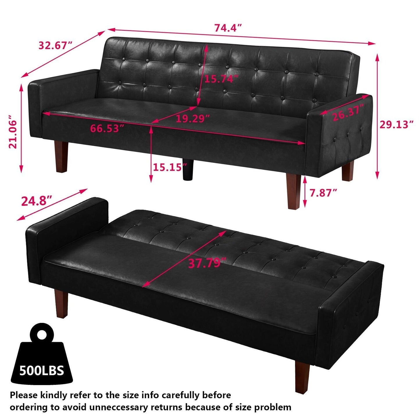 PU Futon Sofa Couch for Living Room Convertible Faux Leather Upholstered Futon Sleeper Sofa Bed Channel Tufted Bedroom Futons