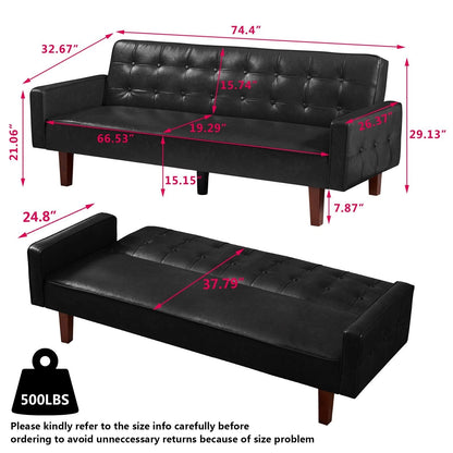 PU Futon Sofa Couch for Living Room Convertible Faux Leather Upholstered Futon Sleeper Sofa Bed Channel Tufted Bedroom Futons