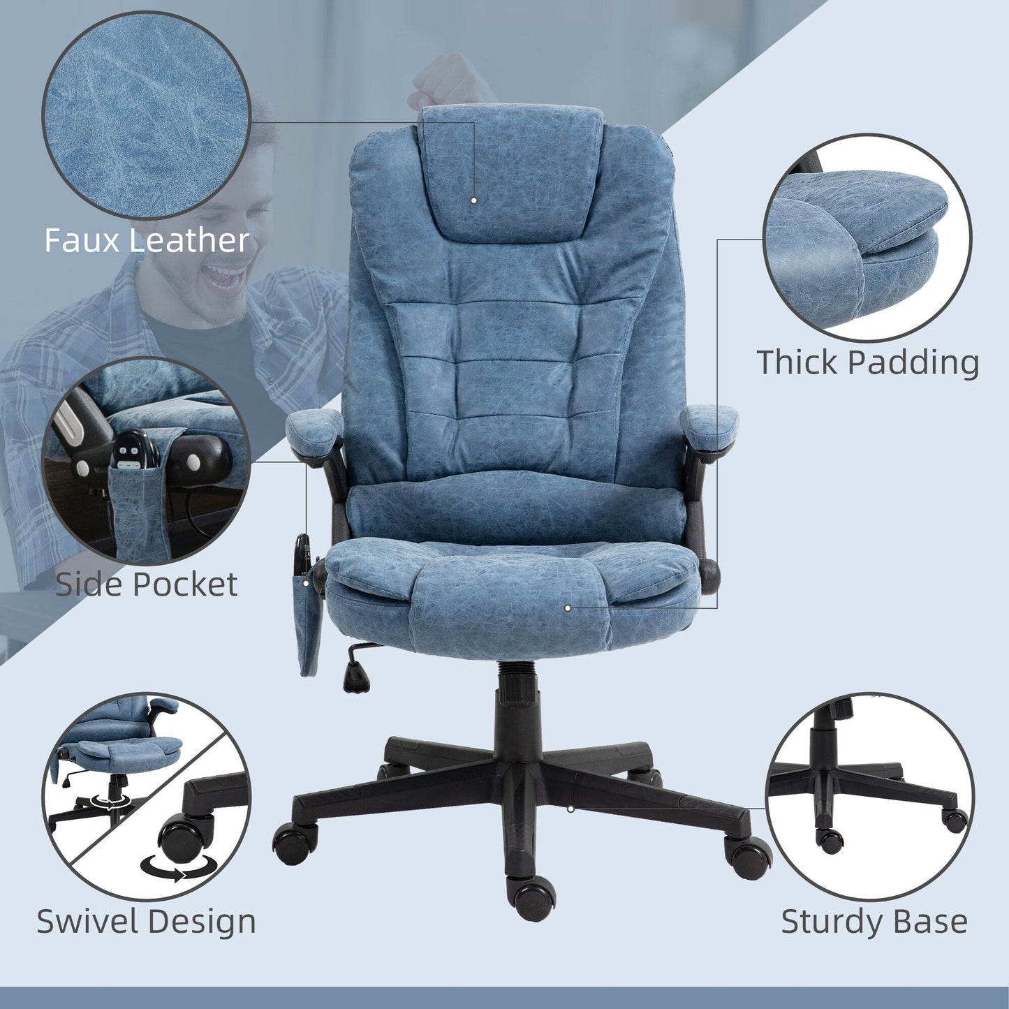 PU Leather 360Â° Swivel High Back Office Recliner with Vibration Massage, Lumbar Heating, Adjustable Height