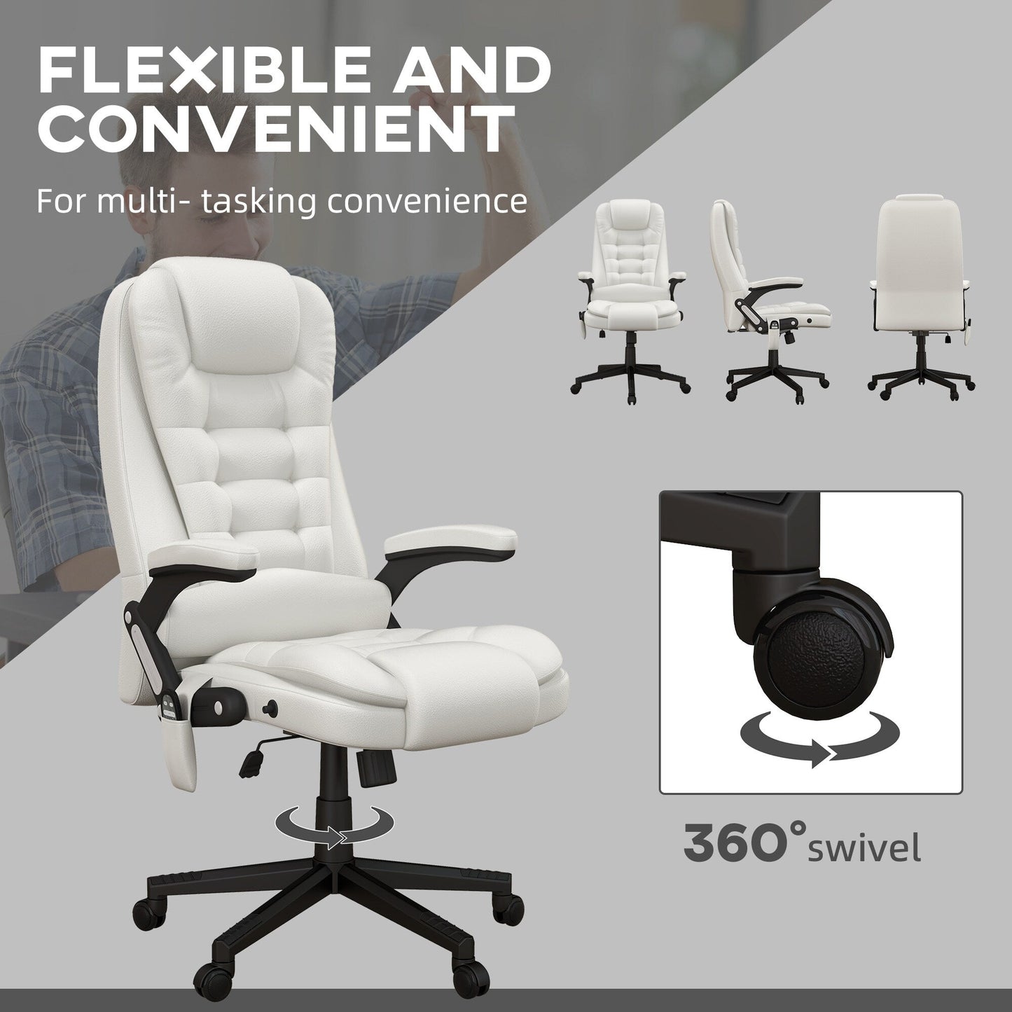 PU Leather 360Â° Swivel High Back Office Recliner with Vibration Massage, Lumbar Heating, and Adjustable Height