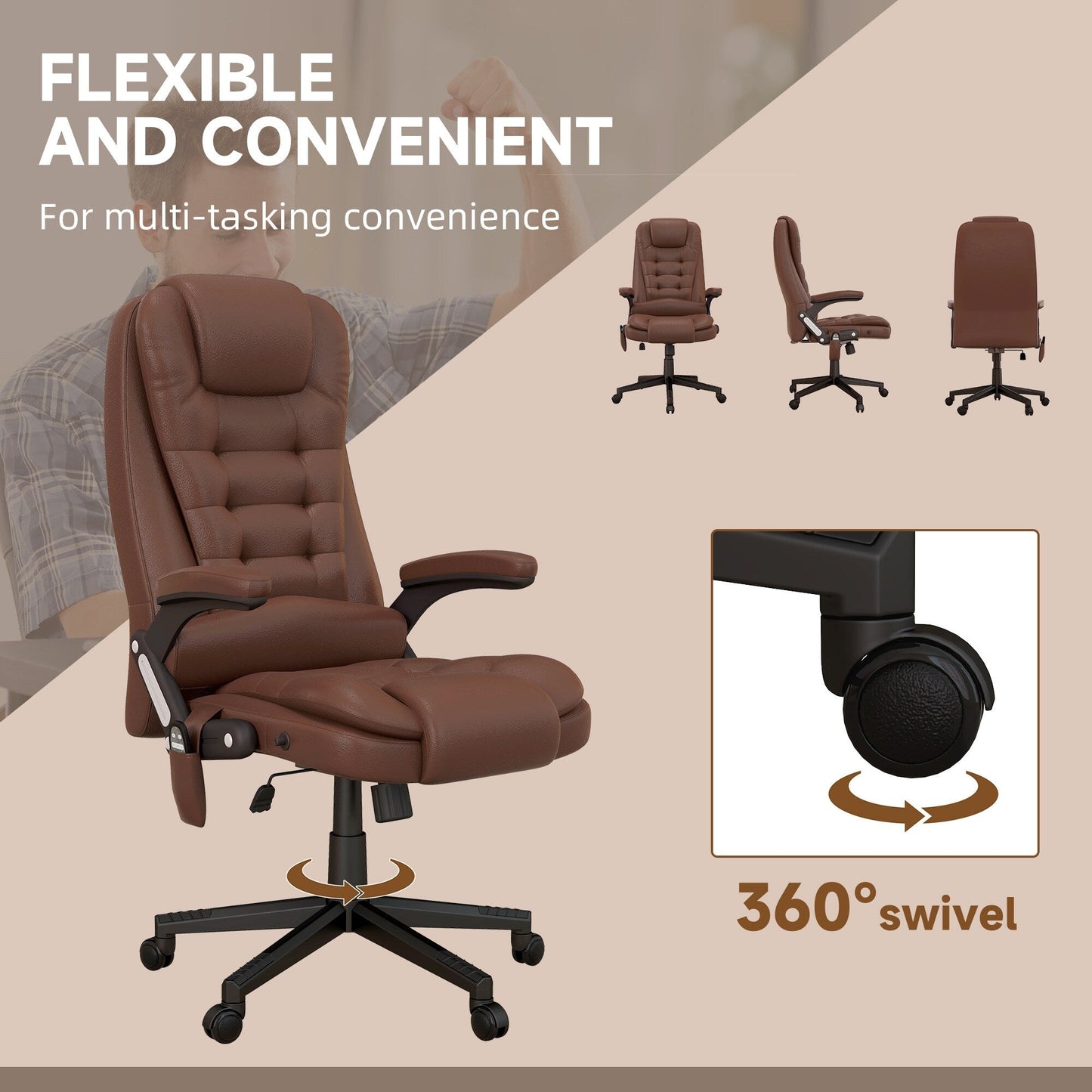 PU Leather 360Â° Swivel High Back Office Recliner with Vibration Massage, Lumbar Heating, and Adjustable Height