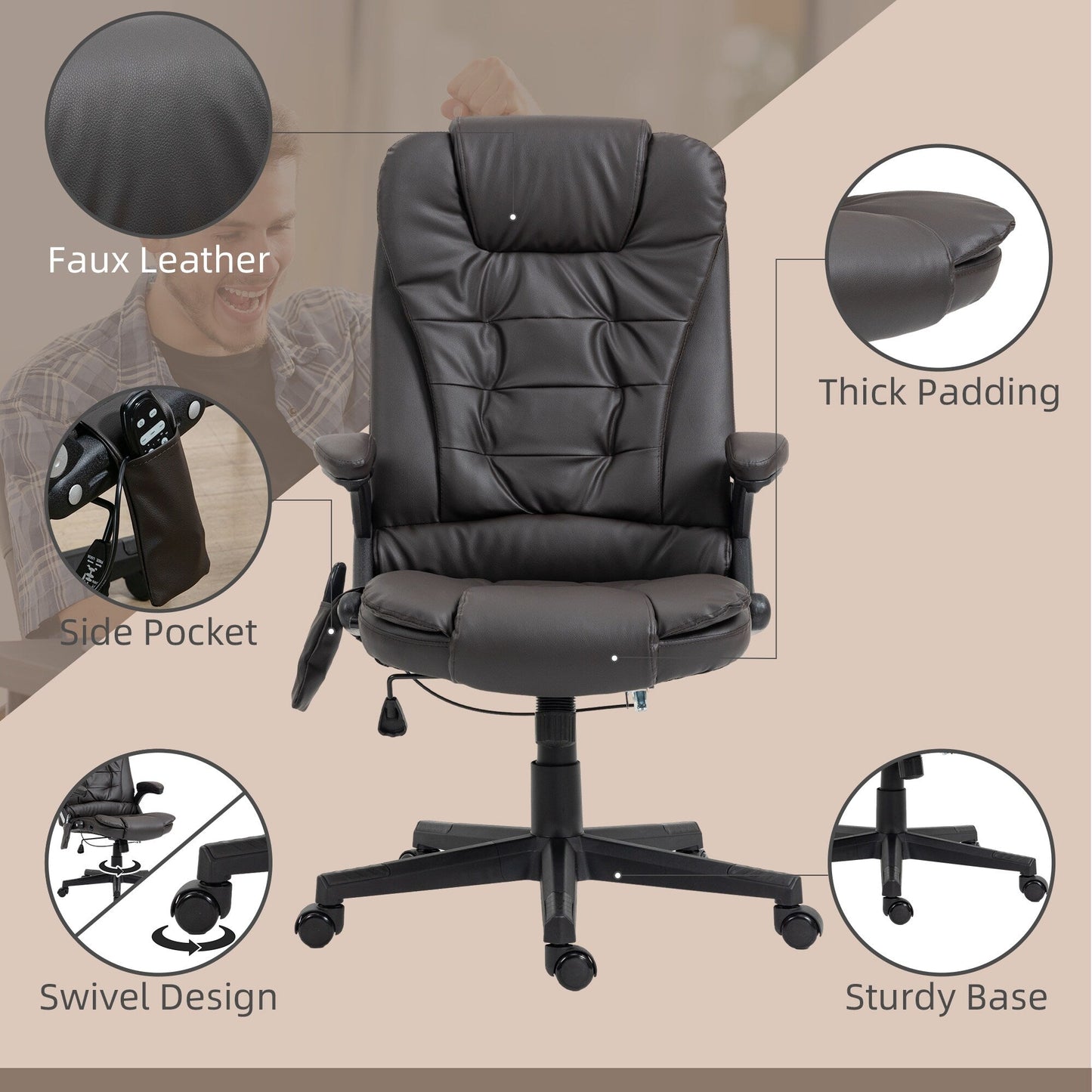 PU Leather 360Â° Swivel High Back Office Recliner with Vibration Massage, Lumbar Heating, and Adjustable Height