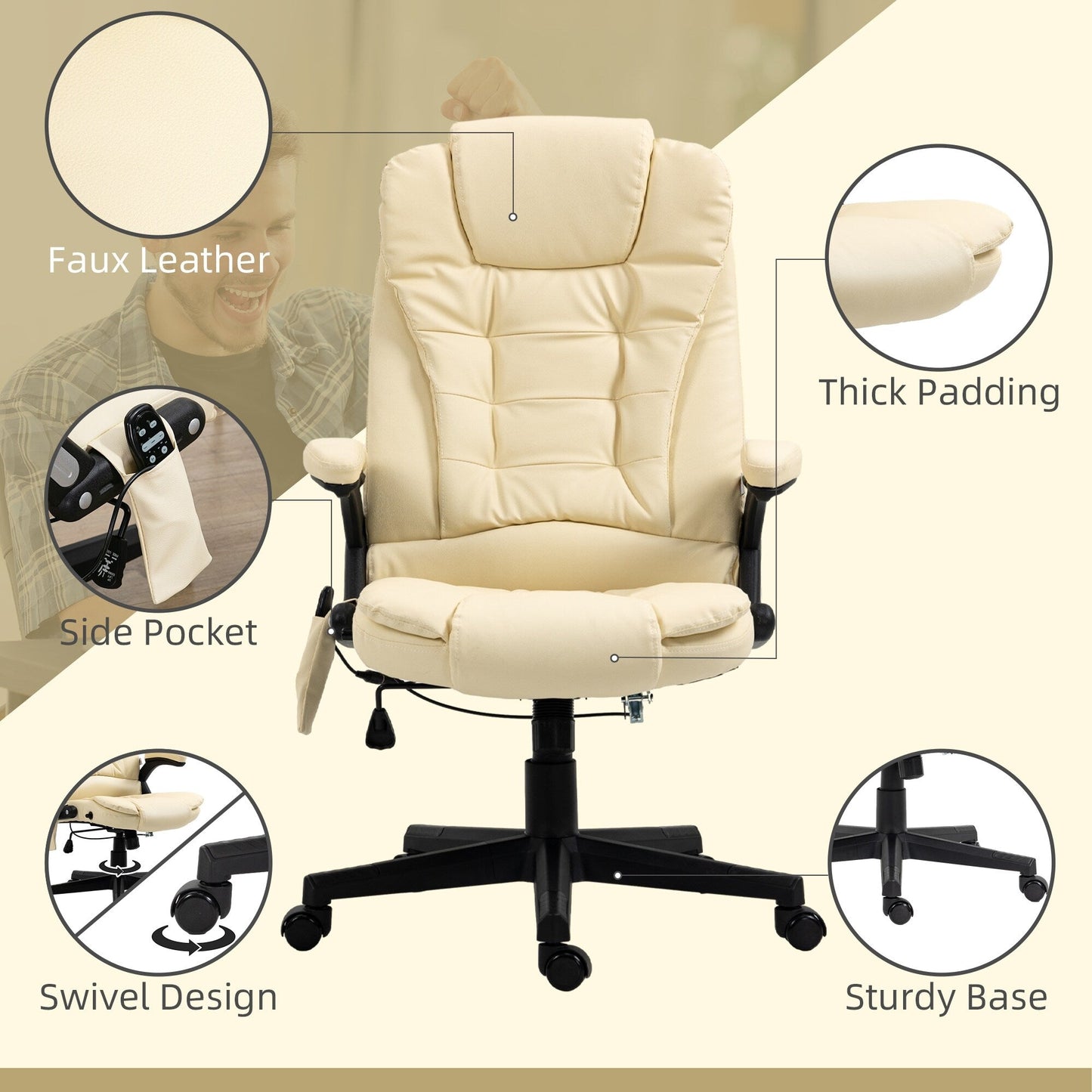 PU Leather 360Â° Swivel High Back Office Recliner with Vibration Massage, Lumbar Heating, and Adjustable Height