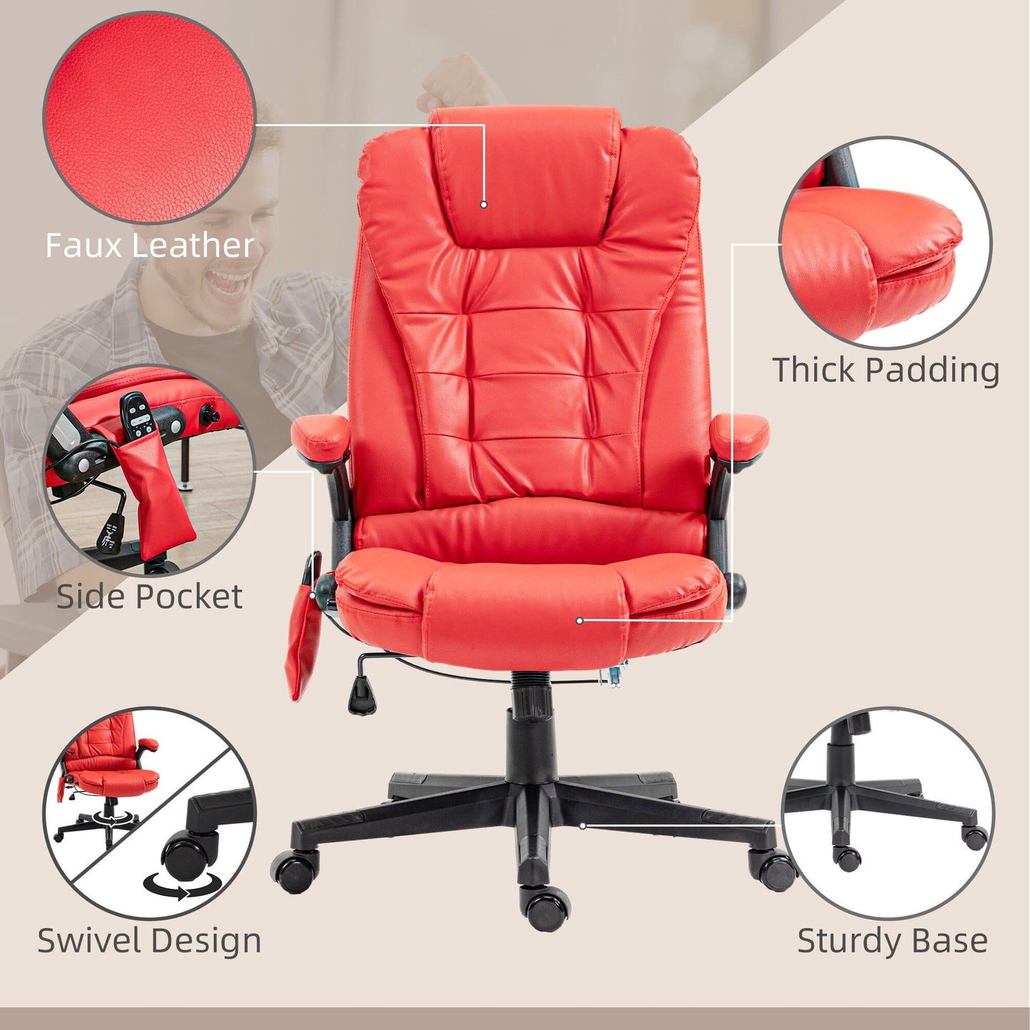 PU Leather 360Â° Swivel High Back Office Recliner with Vibration Massage, Lumbar Heating, and Adjustable Height