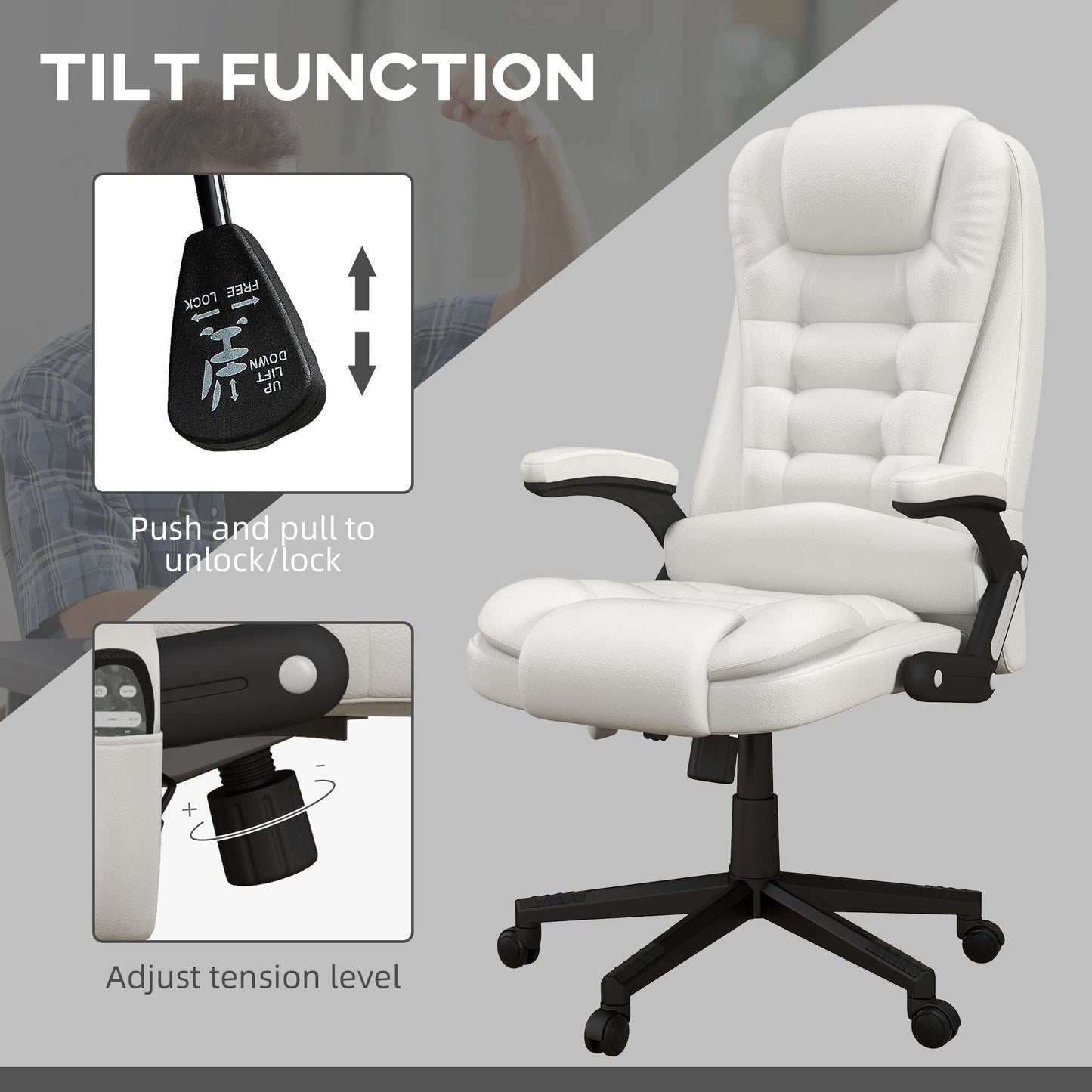 PU Leather 360Â° Swivel High Back Office Recliner with Vibration Massage, Lumbar Heating, and Adjustable Height