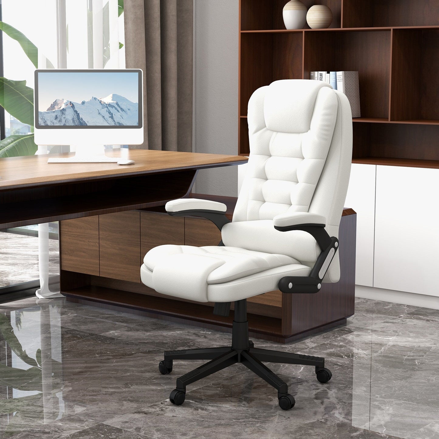 PU Leather 360Â° Swivel High Back Office Recliner with Vibration Massage, Lumbar Heating, and Adjustable Height