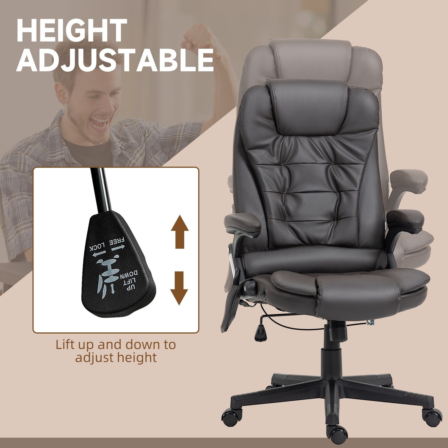 PU Leather 360Â° Swivel High Back Office Recliner with Vibration Massage, Lumbar Heating, and Adjustable Height
