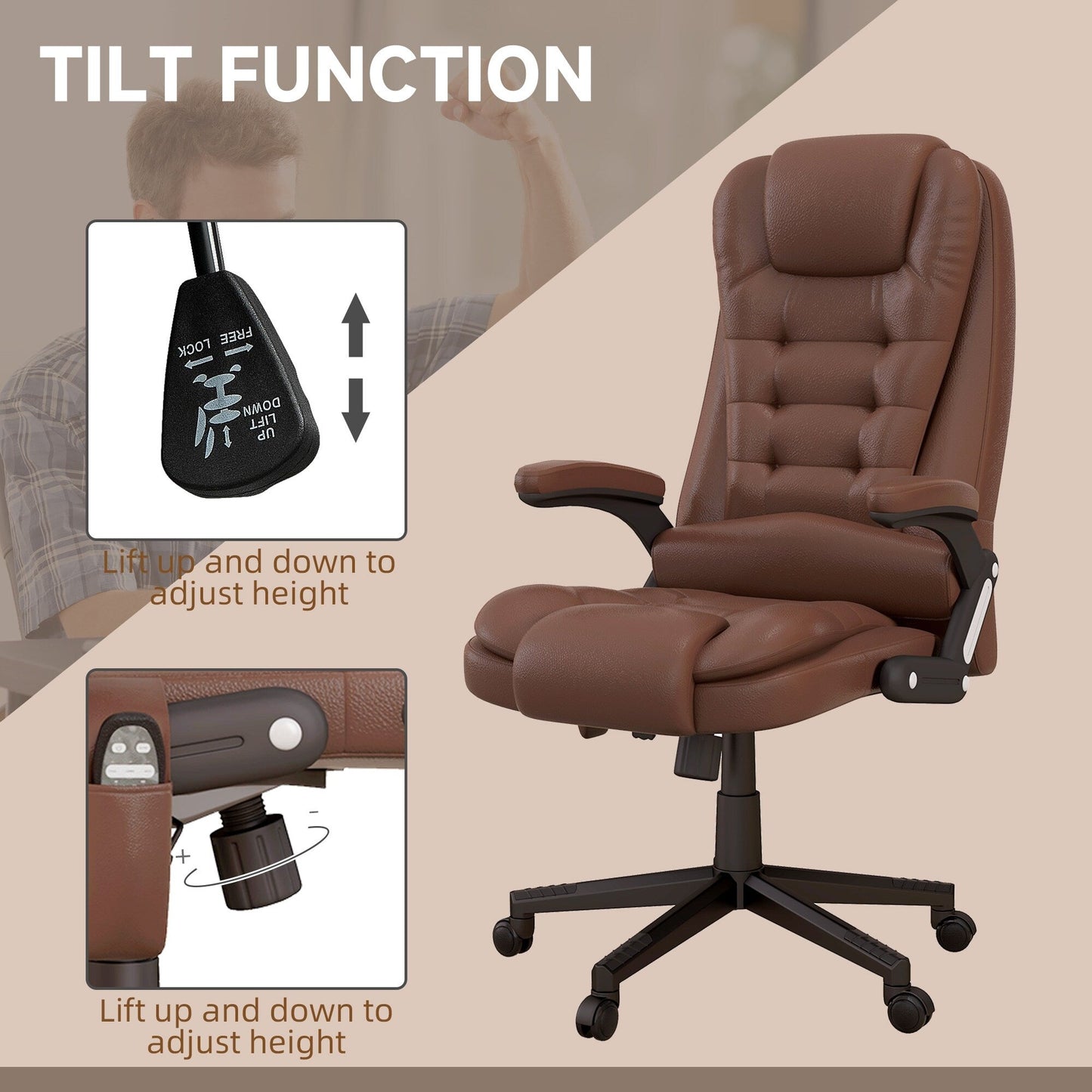 PU Leather 360Â° Swivel High Back Office Recliner with Vibration Massage, Lumbar Heating, and Adjustable Height
