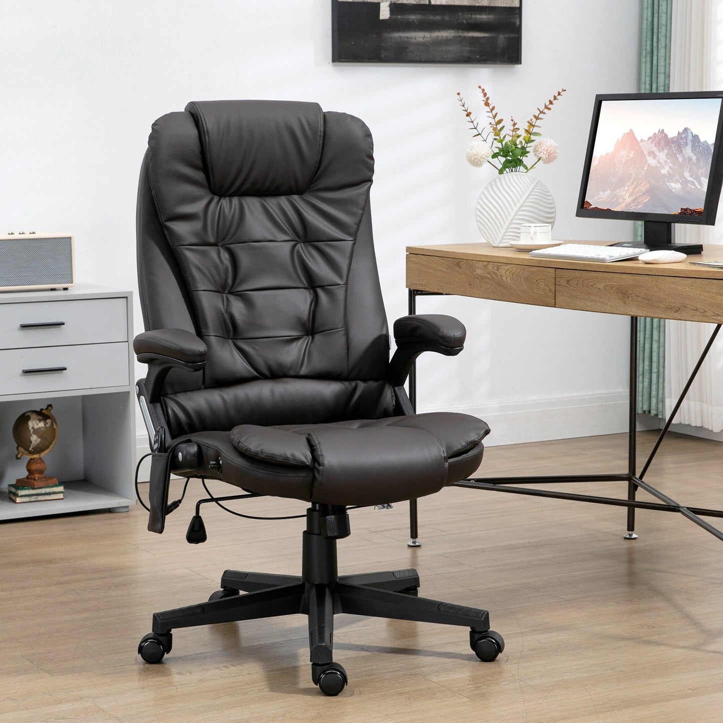 PU Leather 360Â° Swivel High Back Office Recliner with Vibration Massage, Lumbar Heating, and Adjustable Height